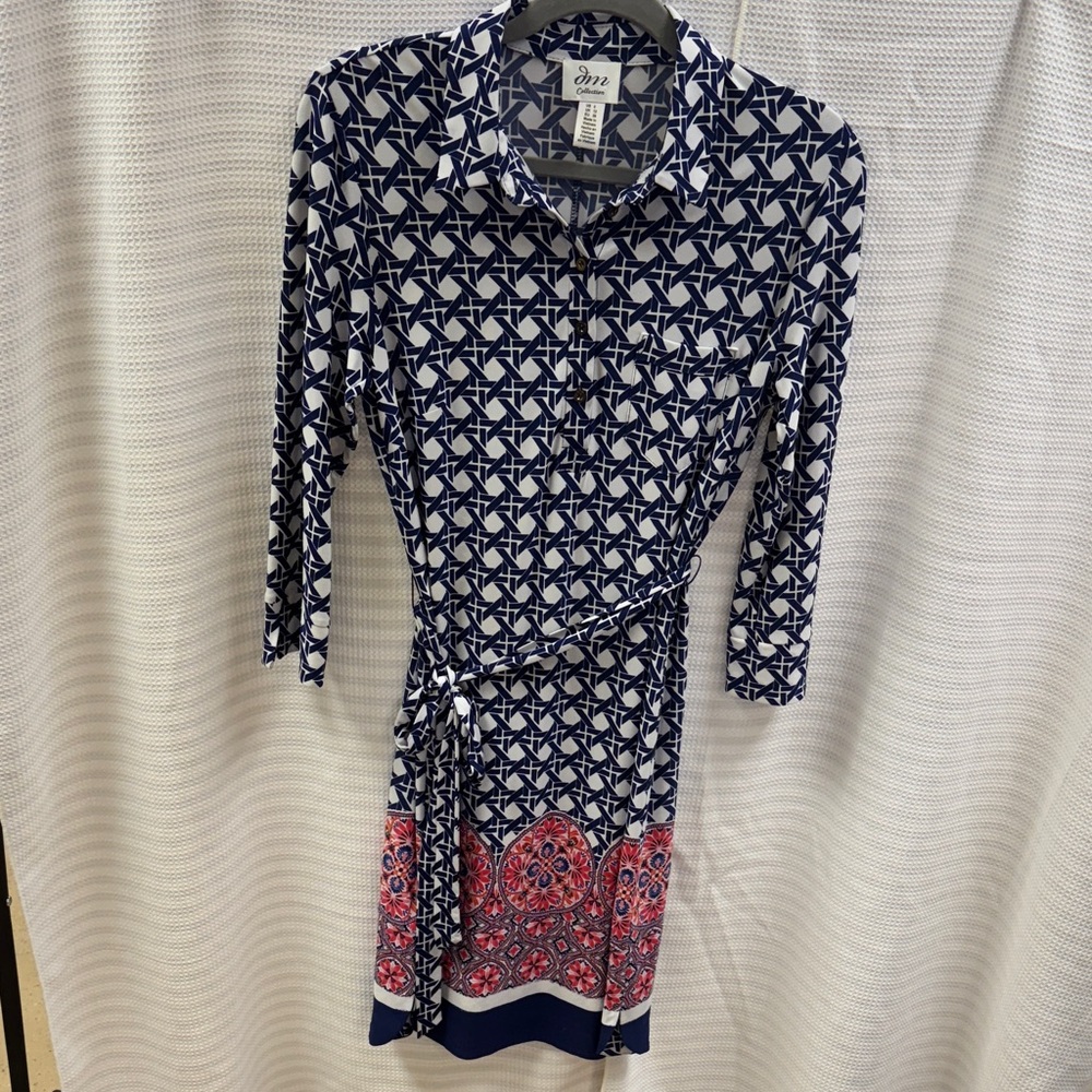 DM Collection Pink and Navy Patterned 3/4 Sleeve Shirt Dress